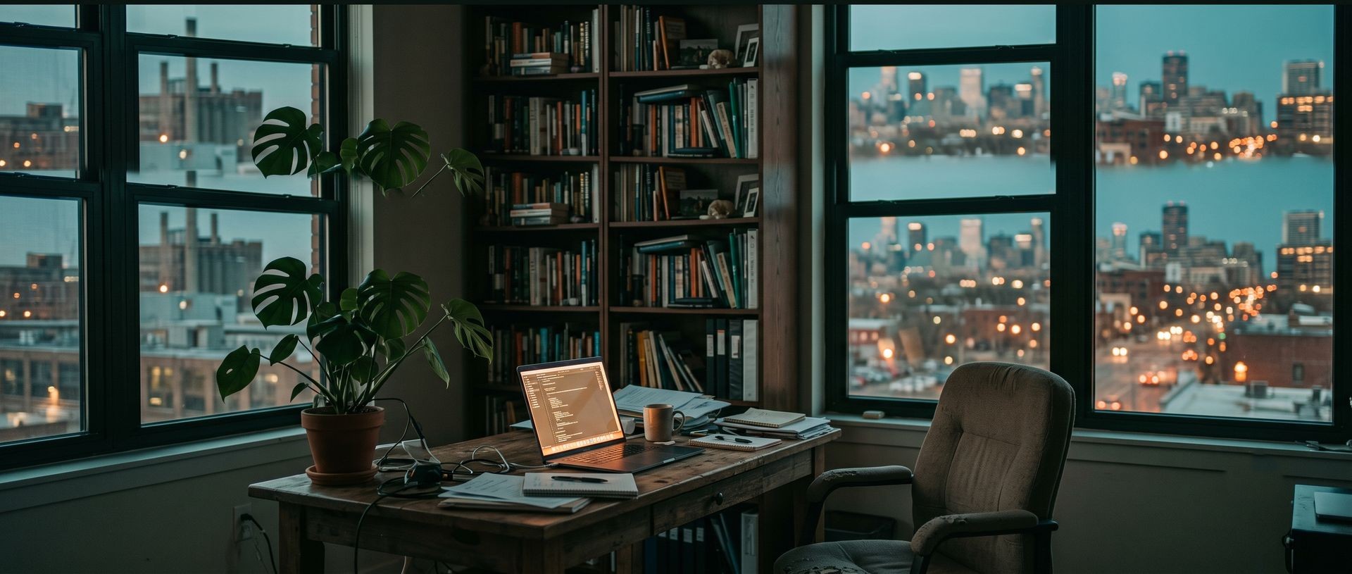 Cozy office at dusk with a laptop still glowing