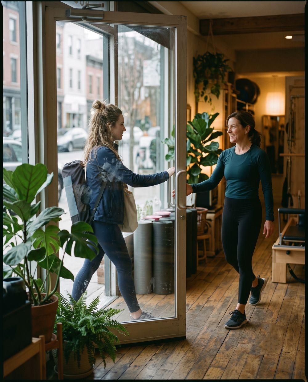 Client arriving at a small studio, greeted by the owner