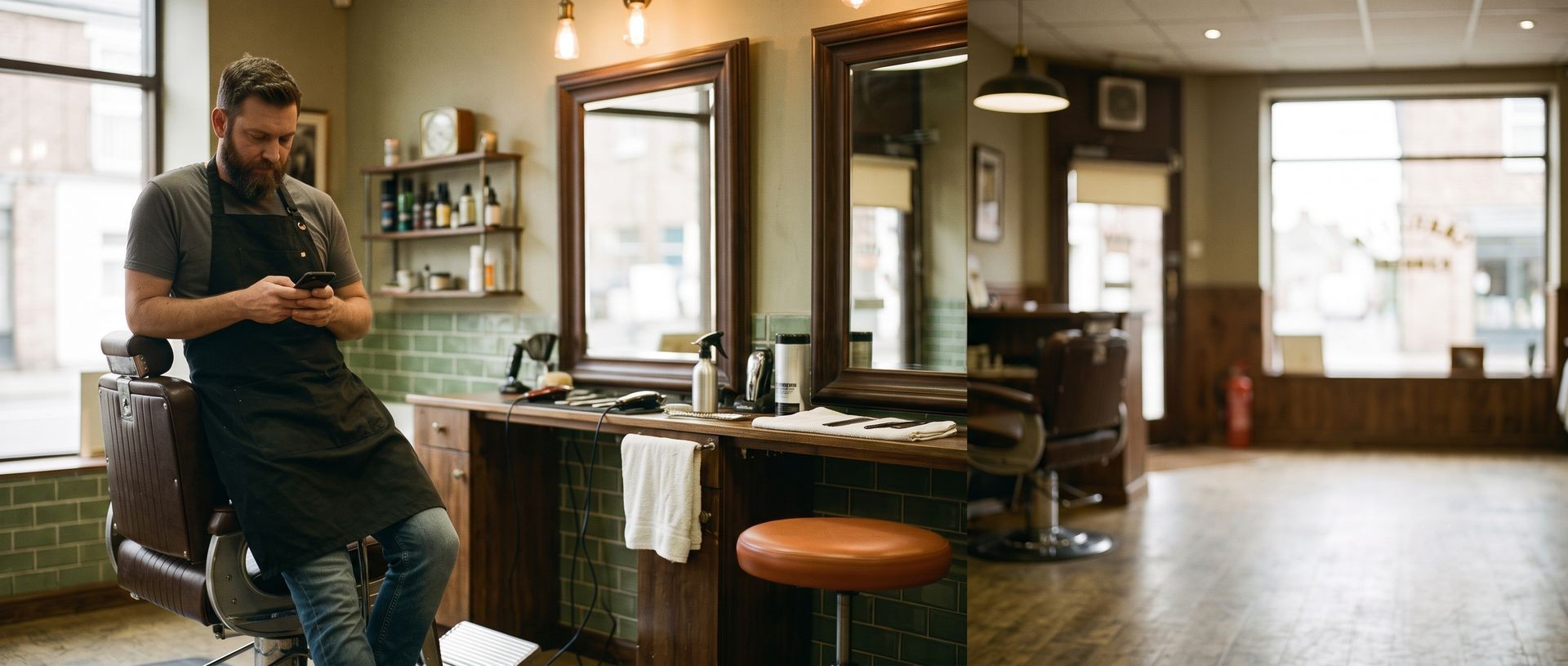 Barber relaxing against his chair between clients
