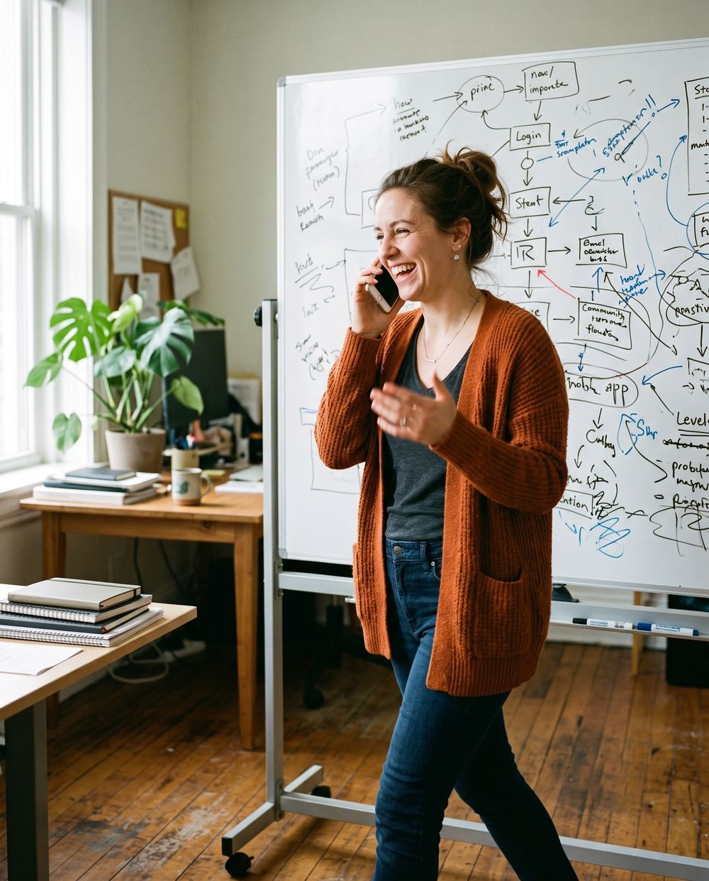 Founder pacing on a call, grinning, whiteboard behind her