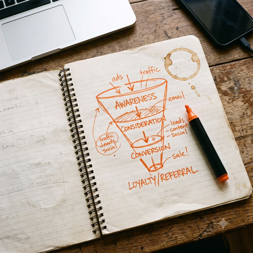 Hand-drawn sales funnel sketch in a notebook with an orange marker