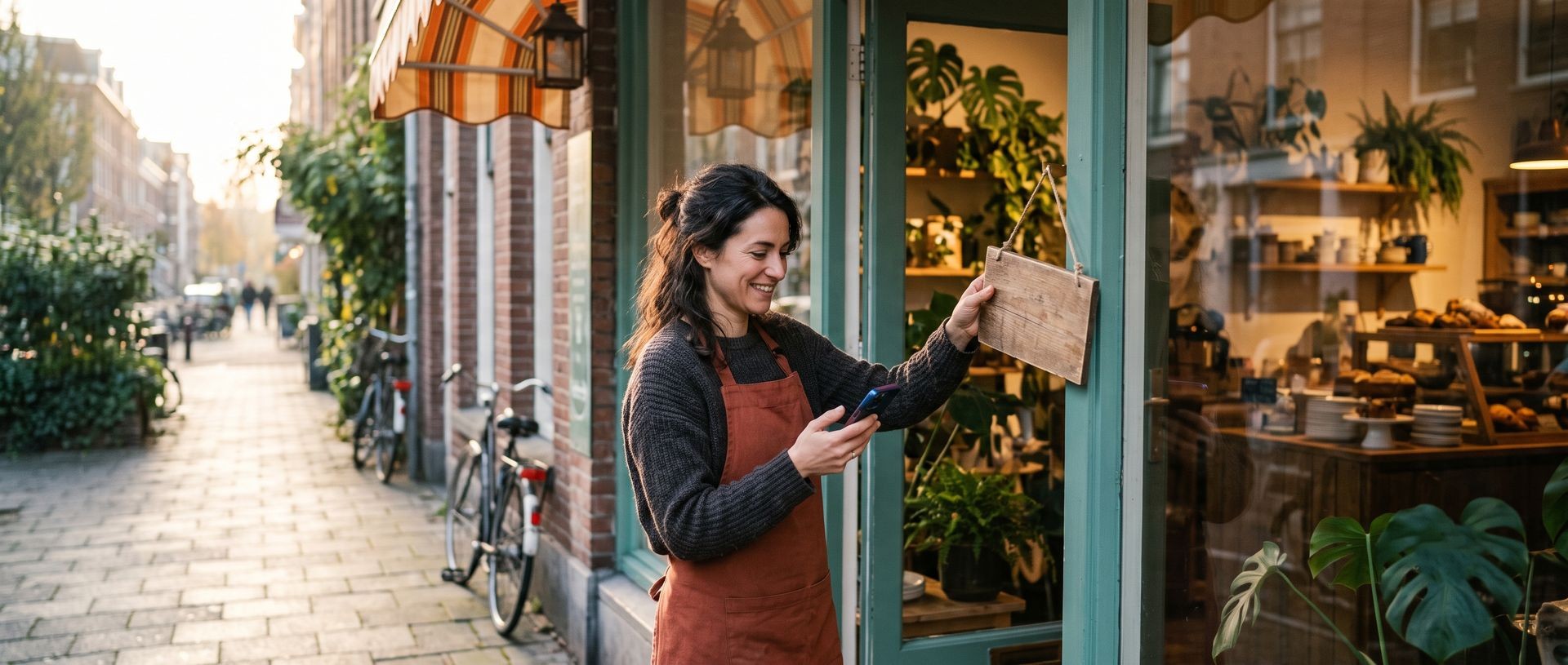 Shop owner flipping the open sign at sunrise