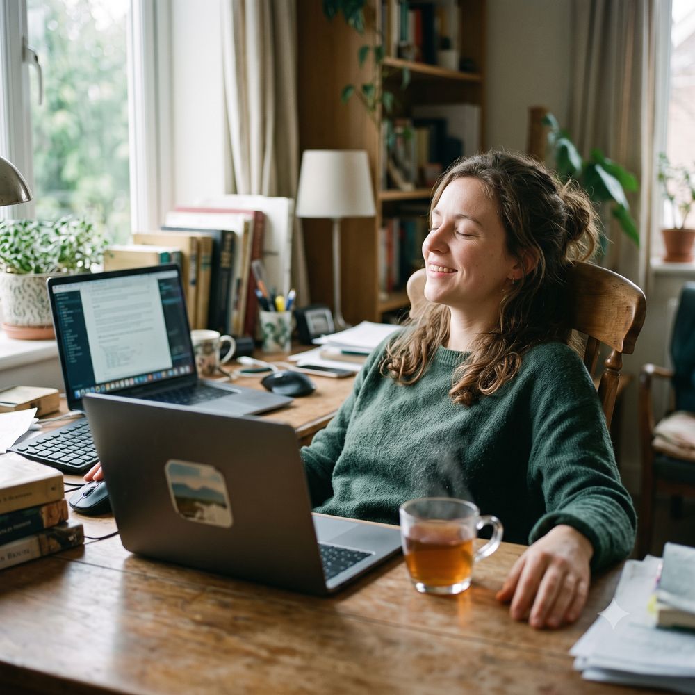Person leaning back relieved after resolving a customer issue